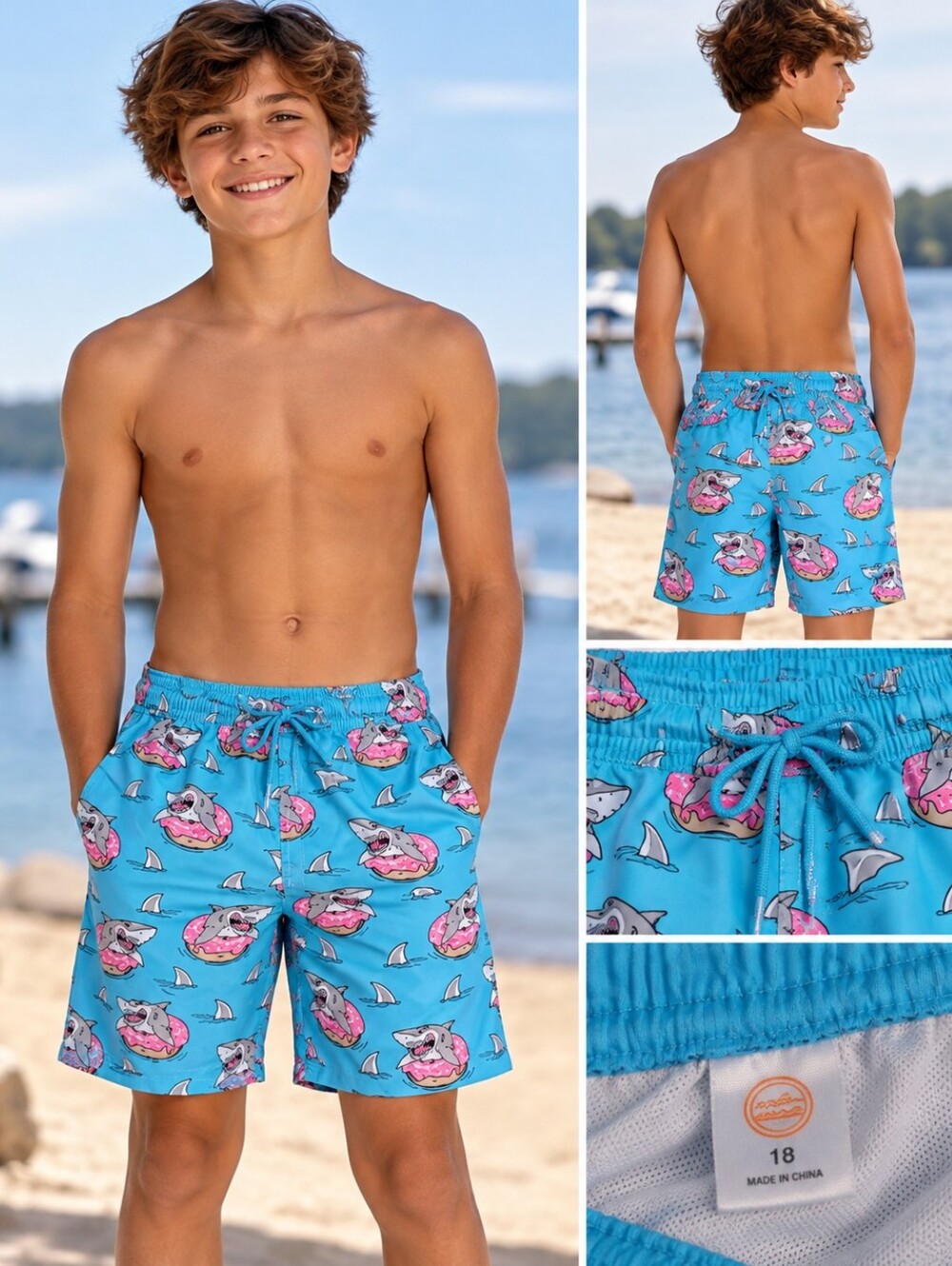 Wonder nation boys size 18 blue shark donut swim trunks #28